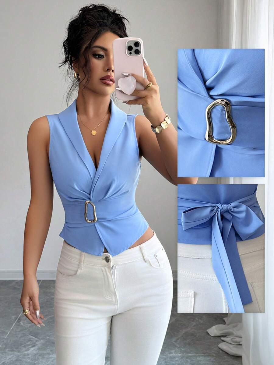 Shein Women's Dignified Old Money Style Metal Blue Button Shirt